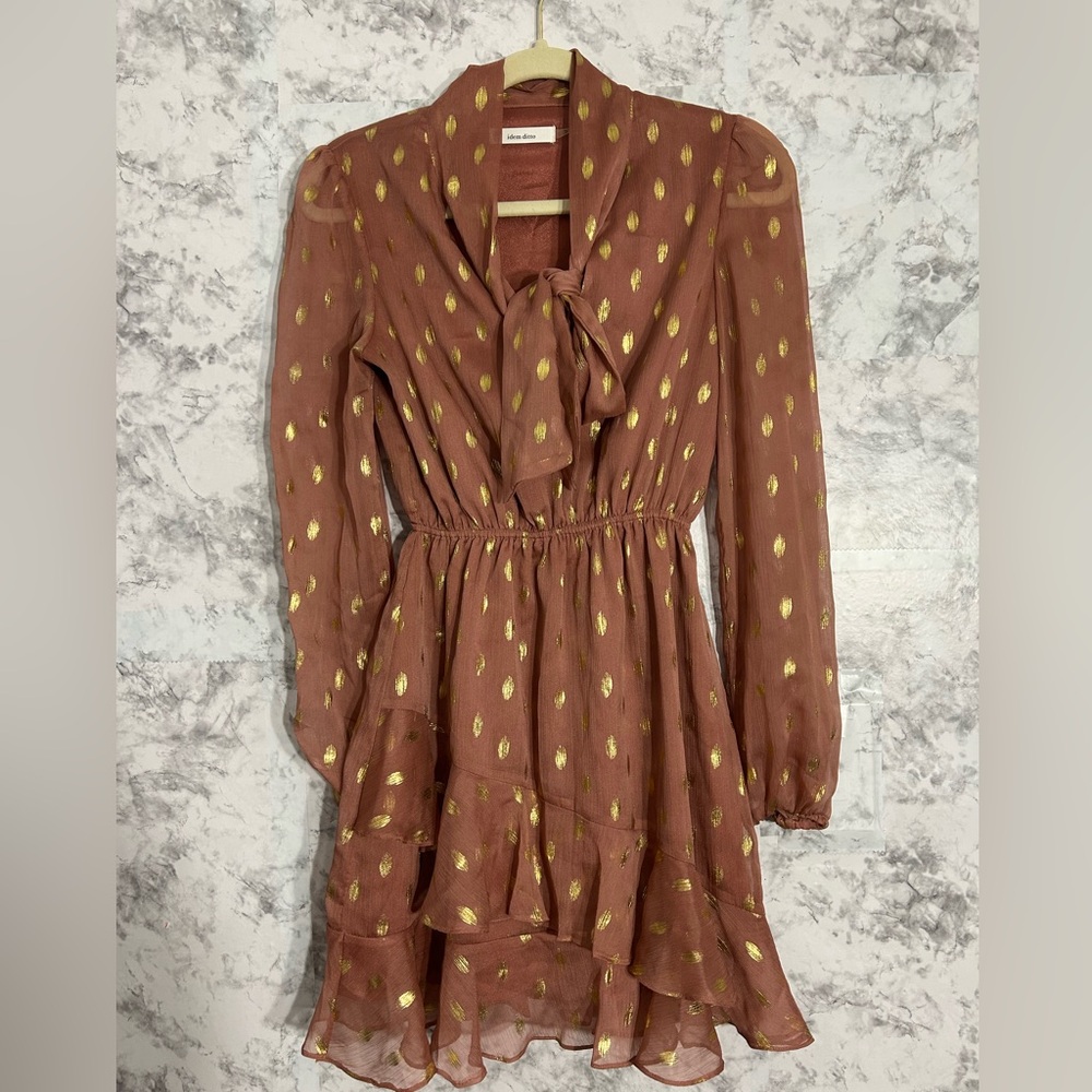 Idem Ditto Chifon Ruffle Dress Terra Cotta LS Gold Accents Sz S EUC. 12